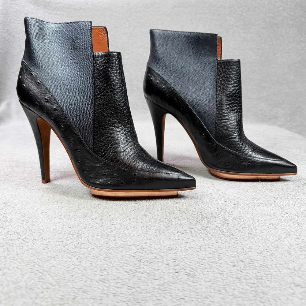 Missoni Womens 39 Black Leather Ostrich Embossed Pointed Toe Stiletto Ankle Boot